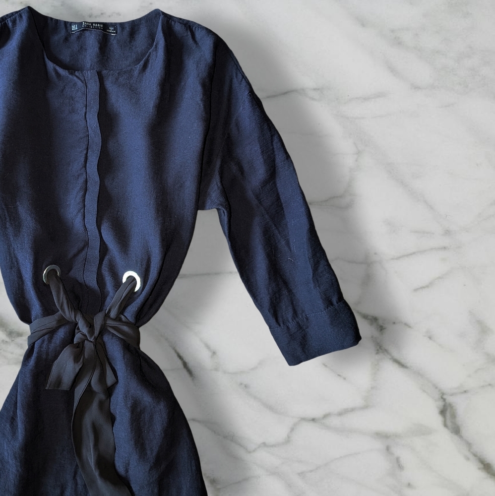 Zara Basic Collection Black Belted Navy Blue Midi… - image 2